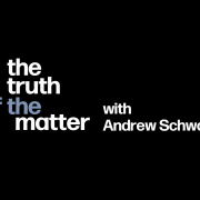 Podcast title in white and blue text with black background